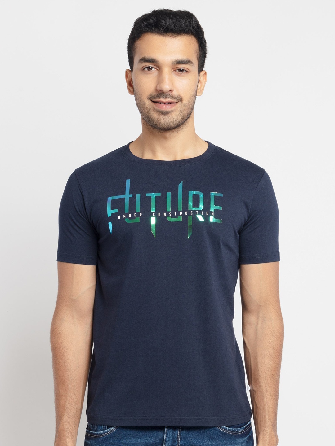 

Status Quo Men Navy Blue Typography Printed Cotton T-shirt