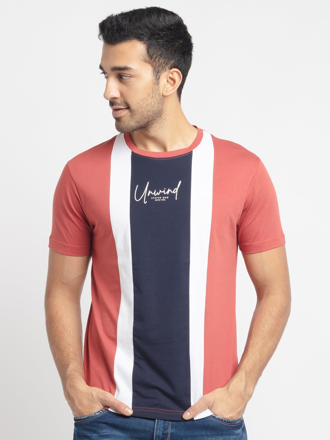 

Status Quo Men Navy Blue & Coral Striped Applique Cotton T-shirt