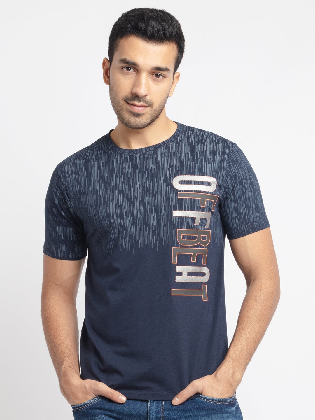 

Status Quo Men Navy Blue & Silver-Toned Typography Printed T-shirt