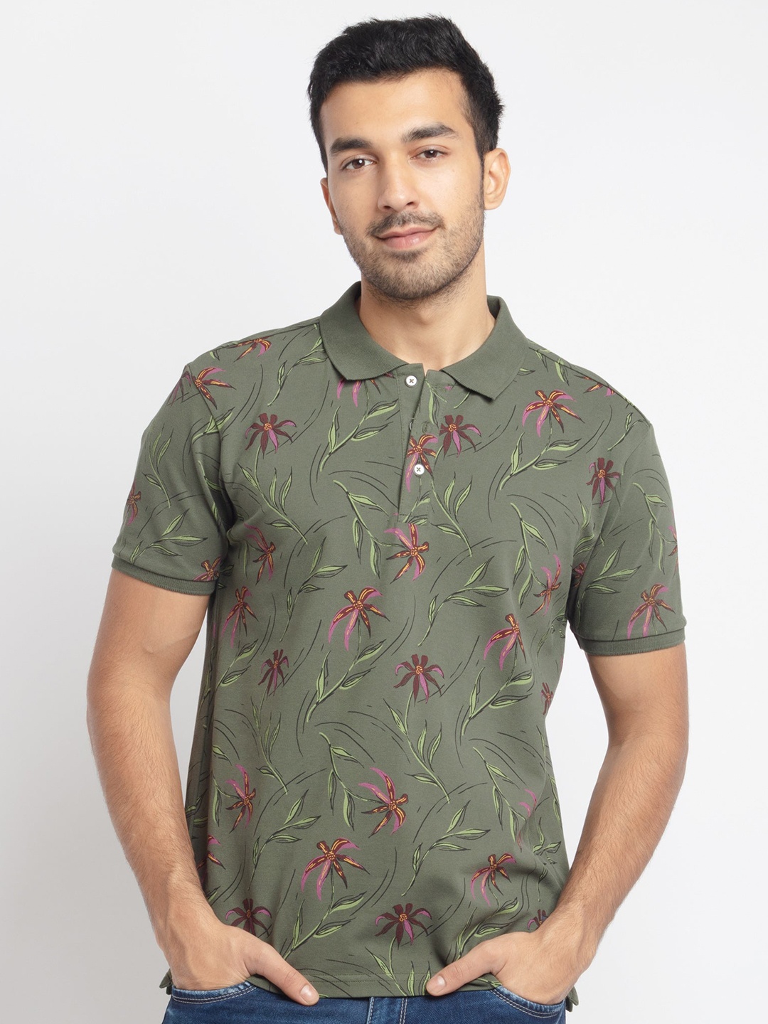 

Status Quo Men Green Floral Printed Polo Collar Cotton T-shirt
