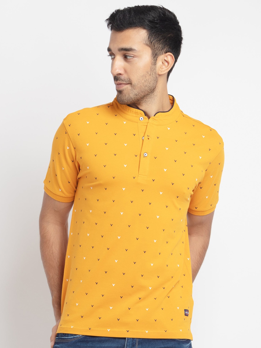 

Status Quo Men Mustard Yellow & White Printed Mandarin Collar T-shirt