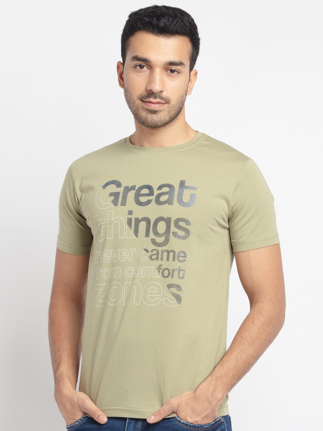 

Status Quo Men Green Typography Printed Applique T-shirt