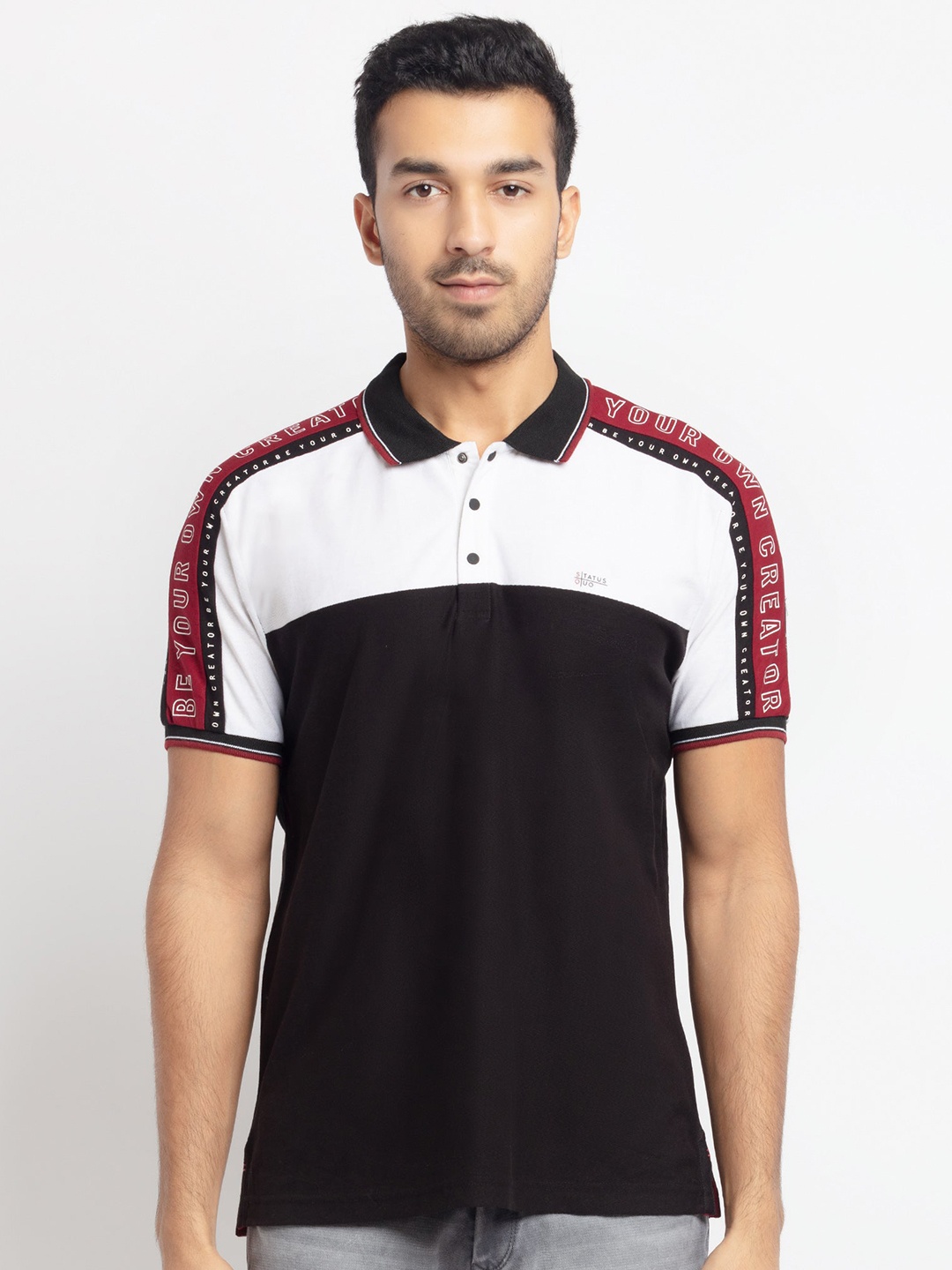

Status Quo Men Black Colourblocked Polo Collar Cotton T-shirt