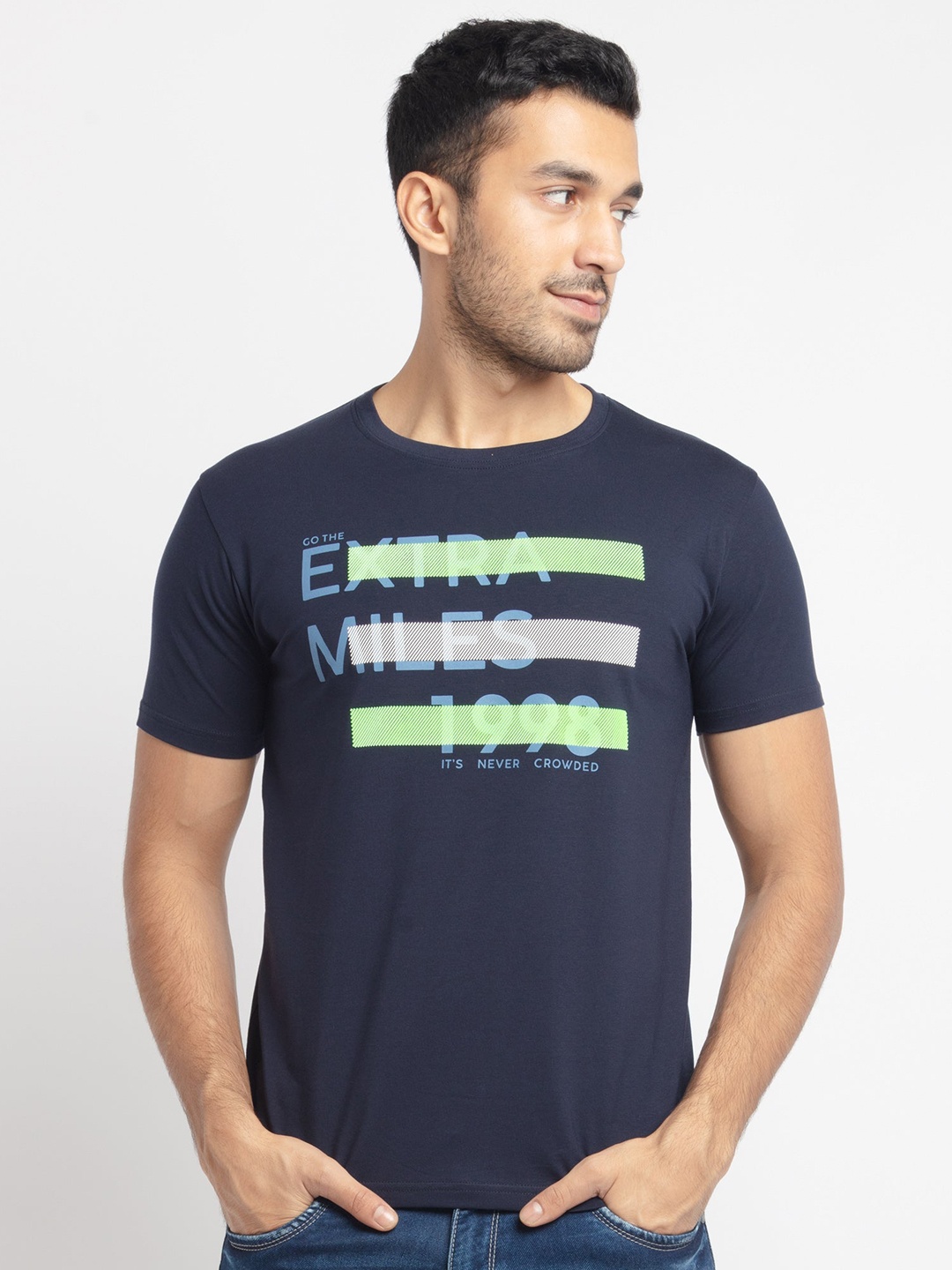 

Status Quo Men Navy Blue Typography Printed Cotton T-shirt