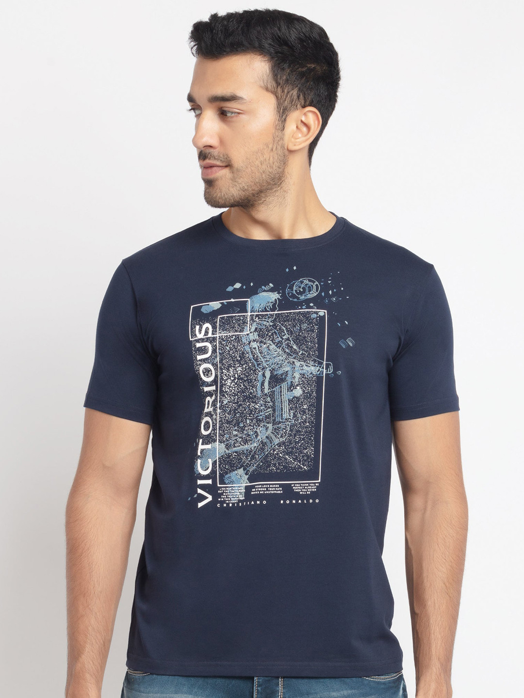 

Status Quo Men Navy Blue & White Typography Printed T-shirt
