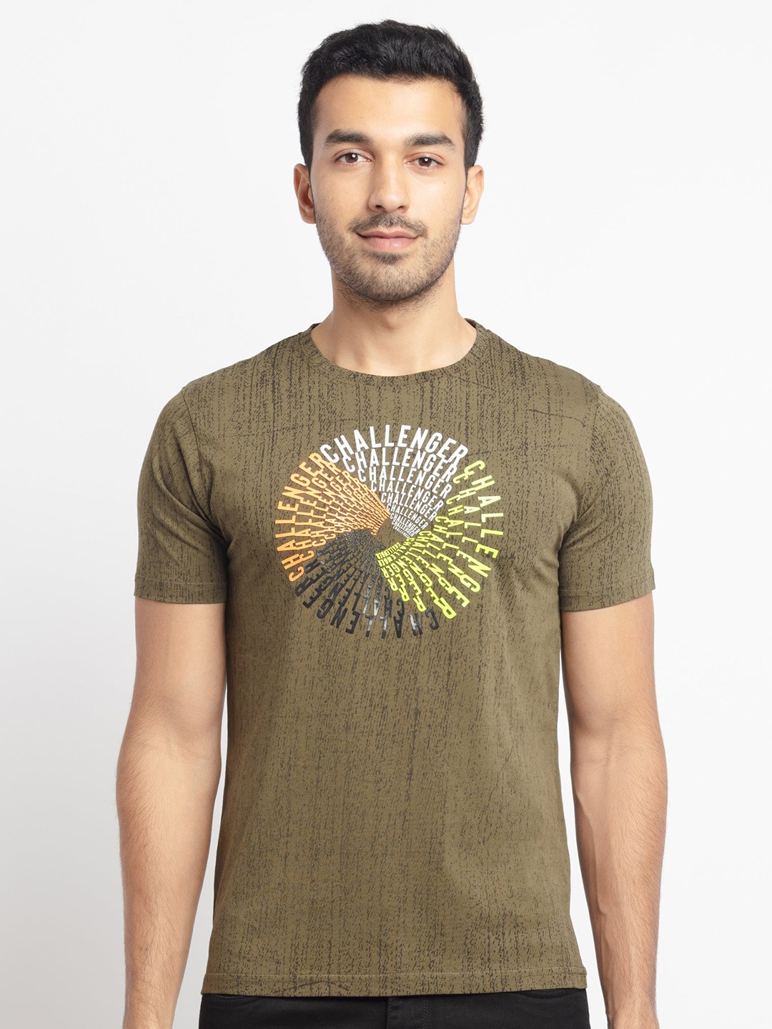 

Status Quo Men Olive Green Typography Printed Cotton T-shirt