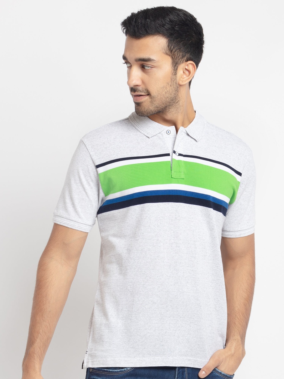 

Status Quo Men Green & White Colourblocked Polo Collar T-shirt