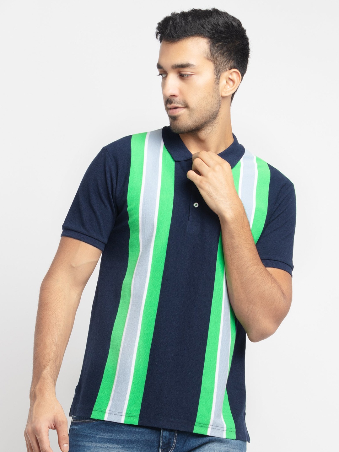 

Status Quo Men Navy Blue & Green Striped Polo Collar T-shirt