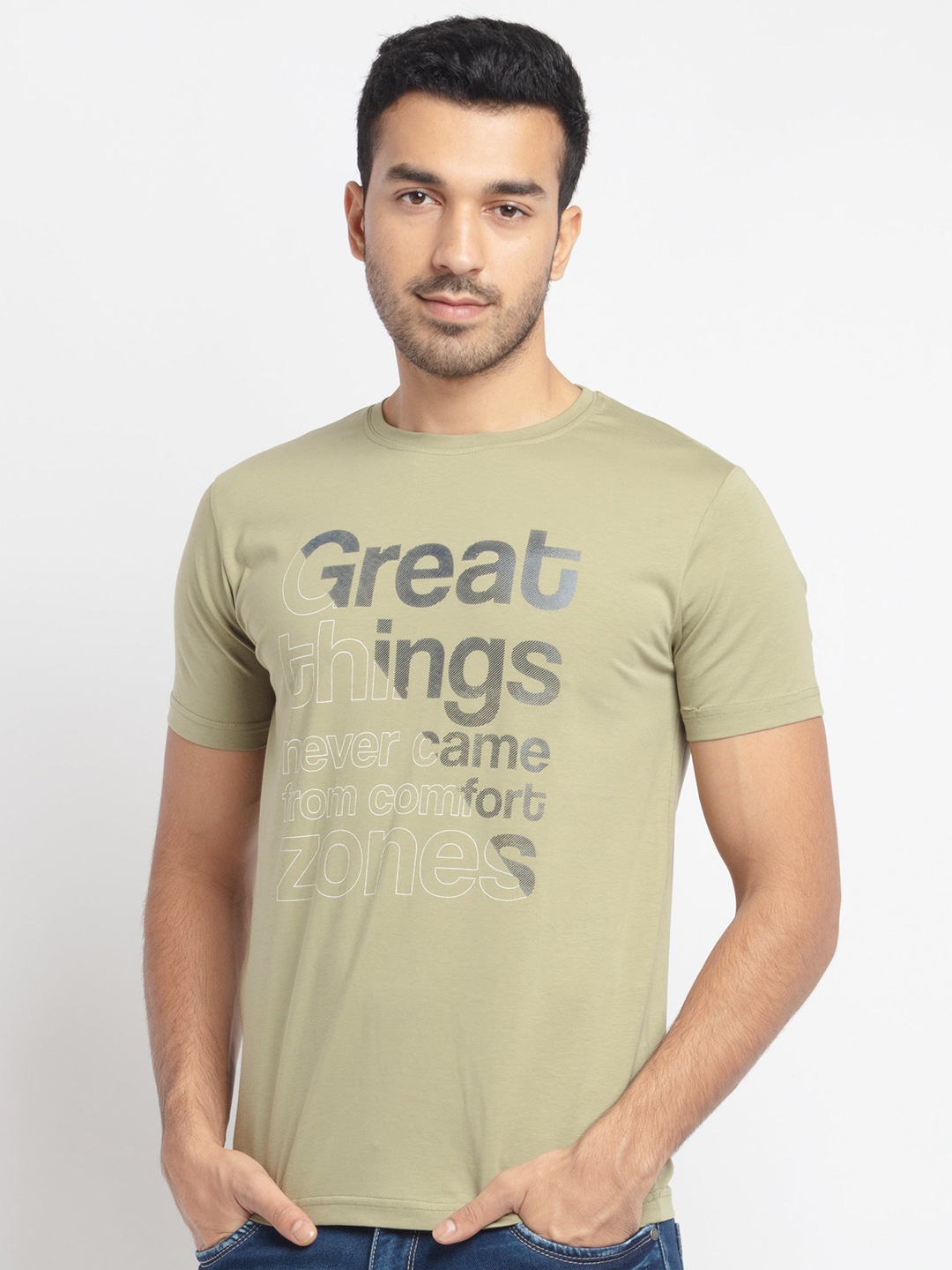 

Status Quo Men Olive Green Typography Printed Applique Cotton T-shirt