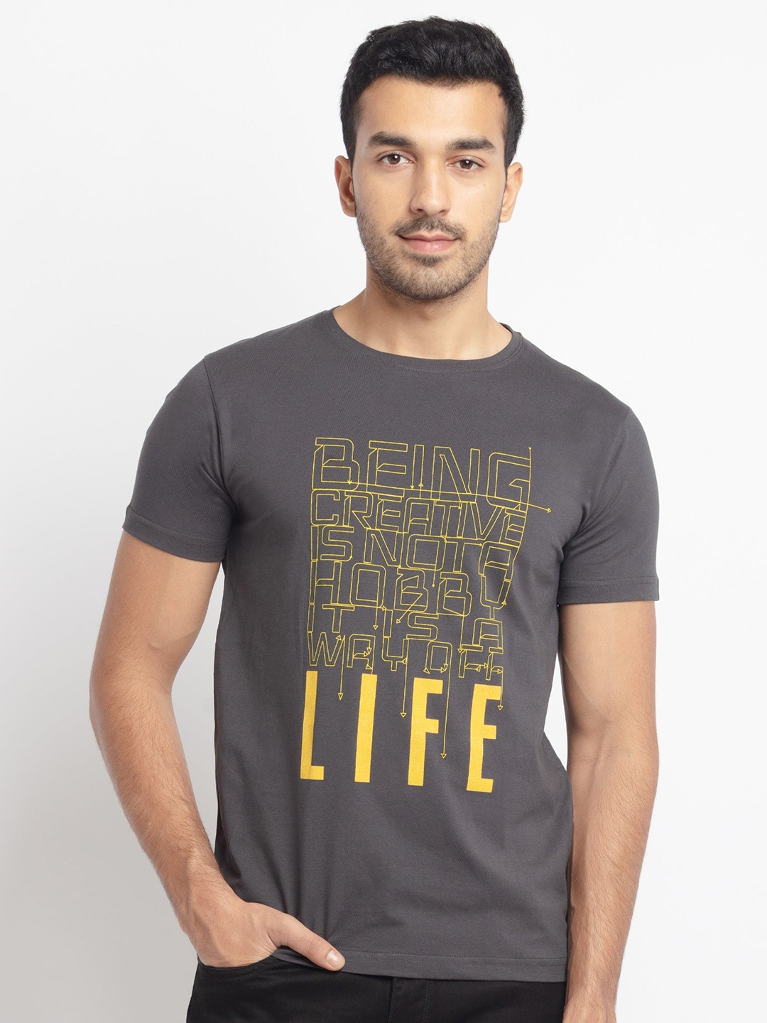 

Status Quo Men Charcoal & Yellow Typography Printed T-shirt