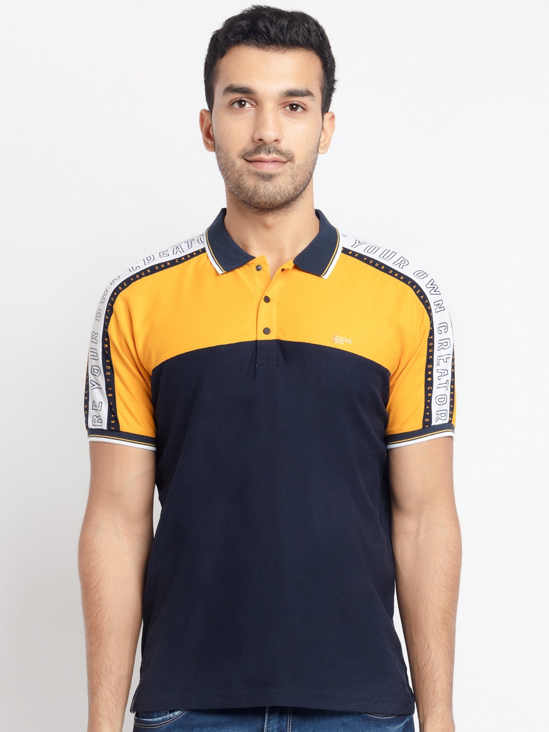 

Status Quo Men Navy Blue Colourblocked Polo Collar Applique T-shirt