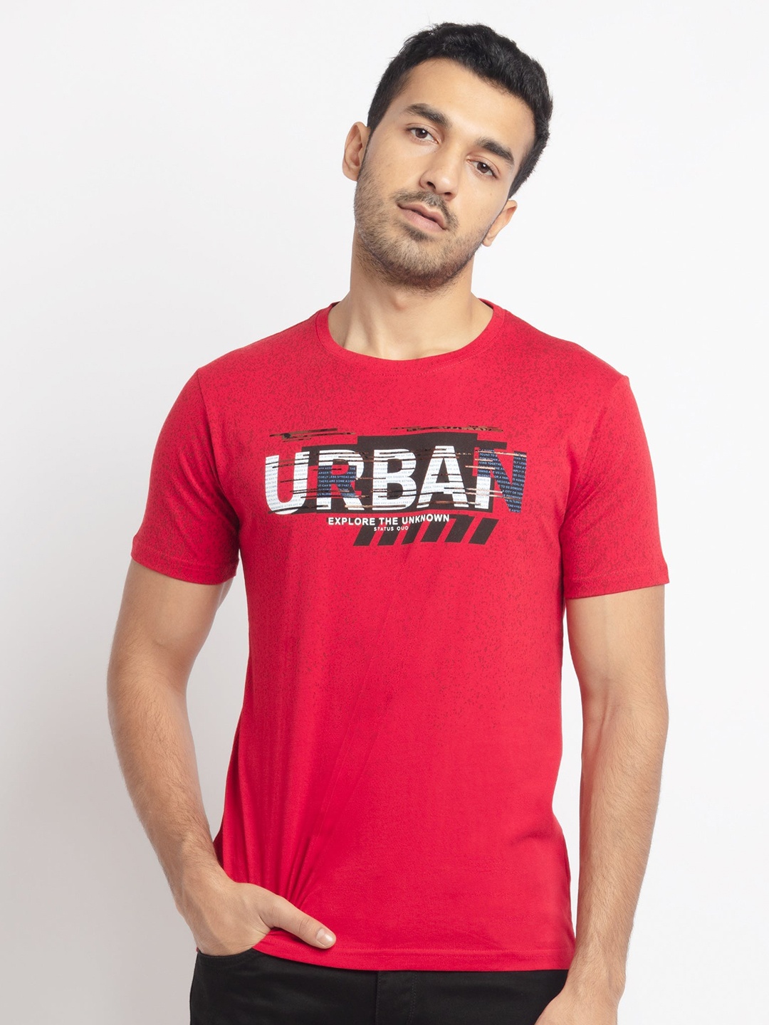 Status Quo Men Red Typography Printed Applique Cotton T-shirt