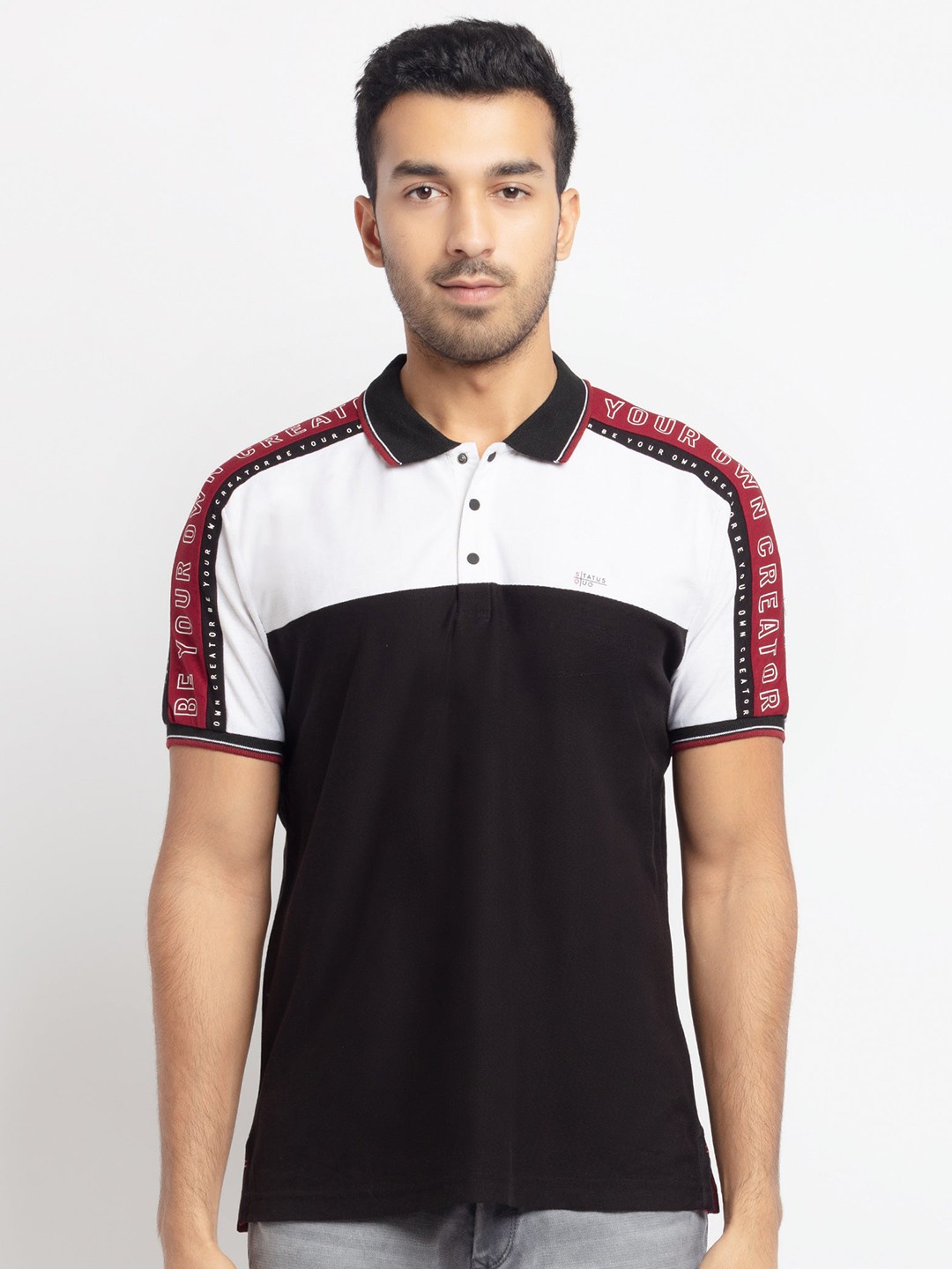 

Status Quo Men Black & White Colourblocked Polo Collar Cotton T-shirt
