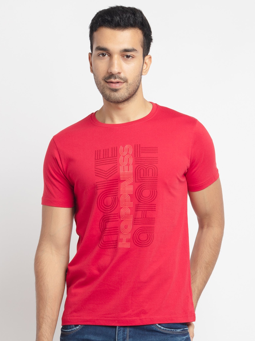 Status Quo Men Red Typography Printed Cotton T-shirt