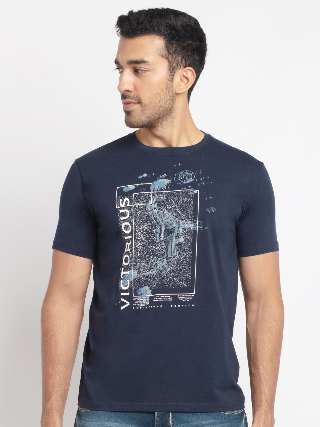 

Status Quo Men Navy Blue Typography Printed T-shirt