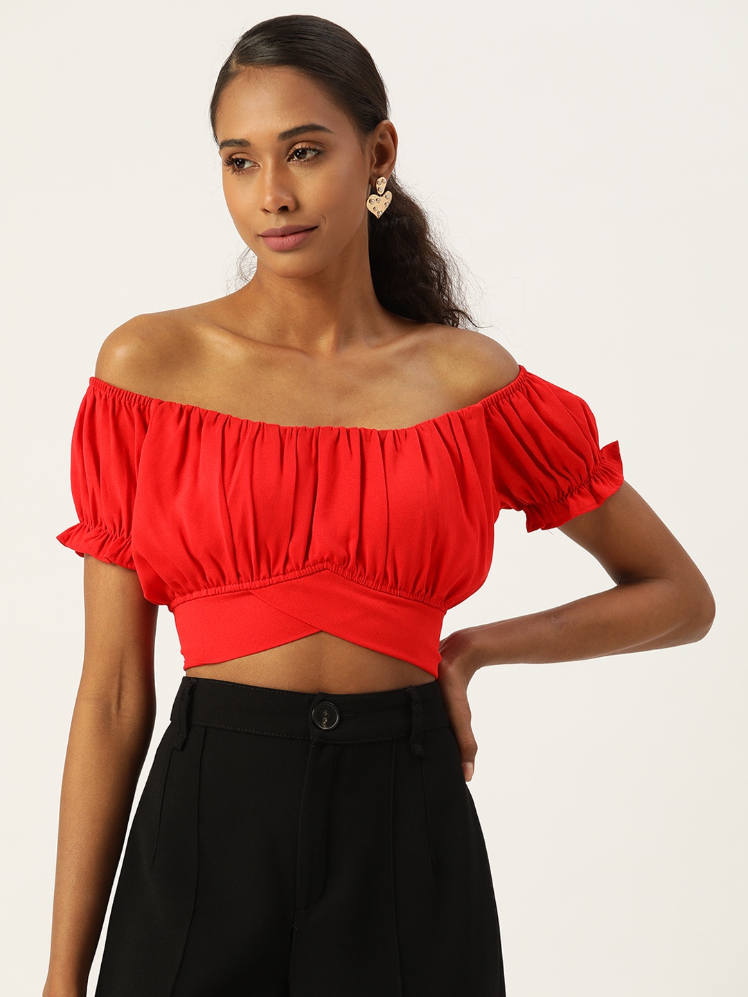 

Aayna Coral Red Off-Shoulder Ruched Bardot Tie-Up Crop Top