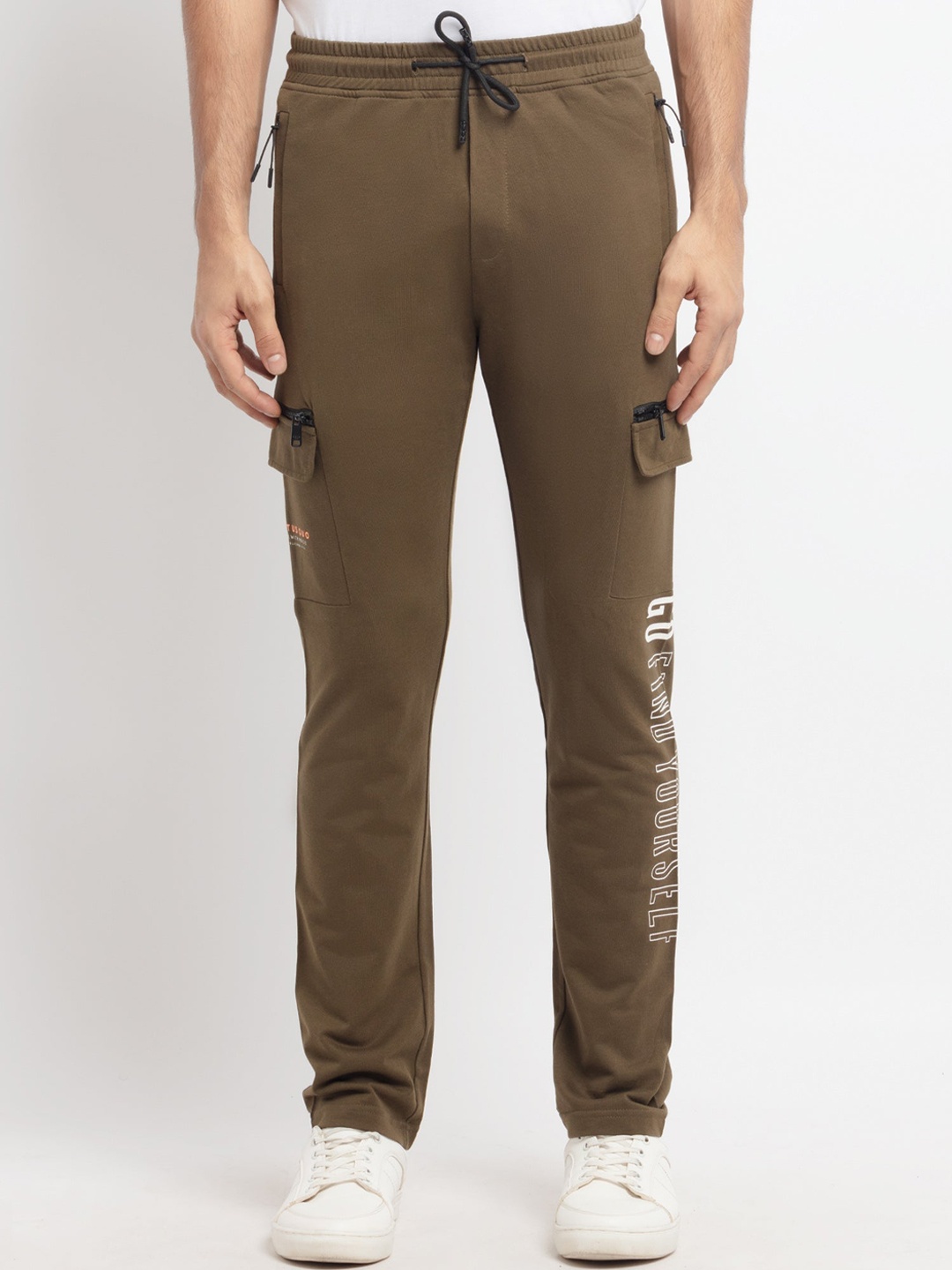 

Status Quo Men Olive Green Cotton Typography Printed Track Pants