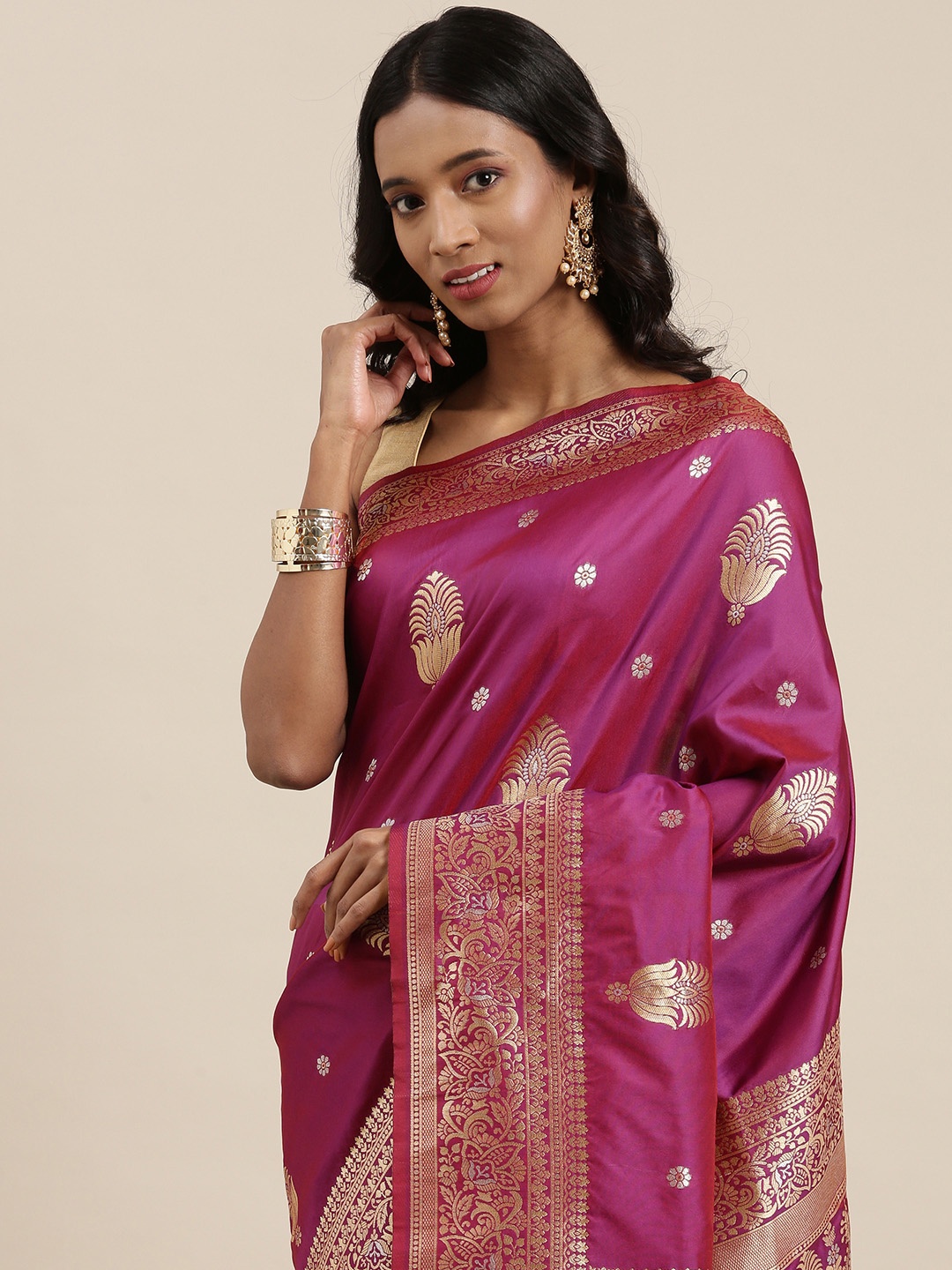 

PERFECTBLUE Purple & Gold-Toned Ethnic Motifs Zari Art Silk Saree