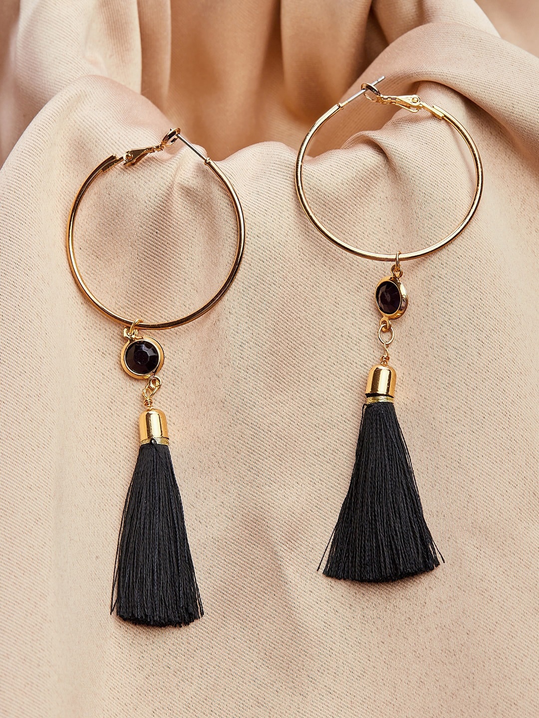 

Lilly & sparkle Gold-Plated & Black Tasselled Contemporary Hoop Earrings
