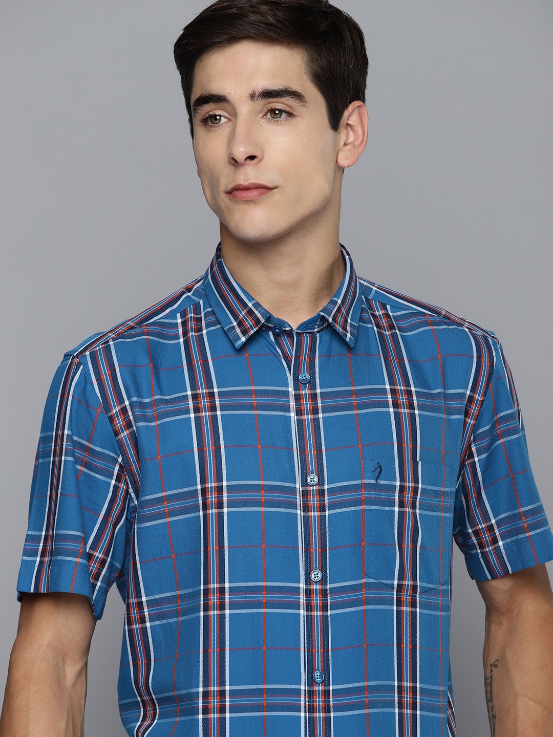 

Indian Terrain Pure Cotton Slim Fit Opaque Checked Formal Shirt, Blue
