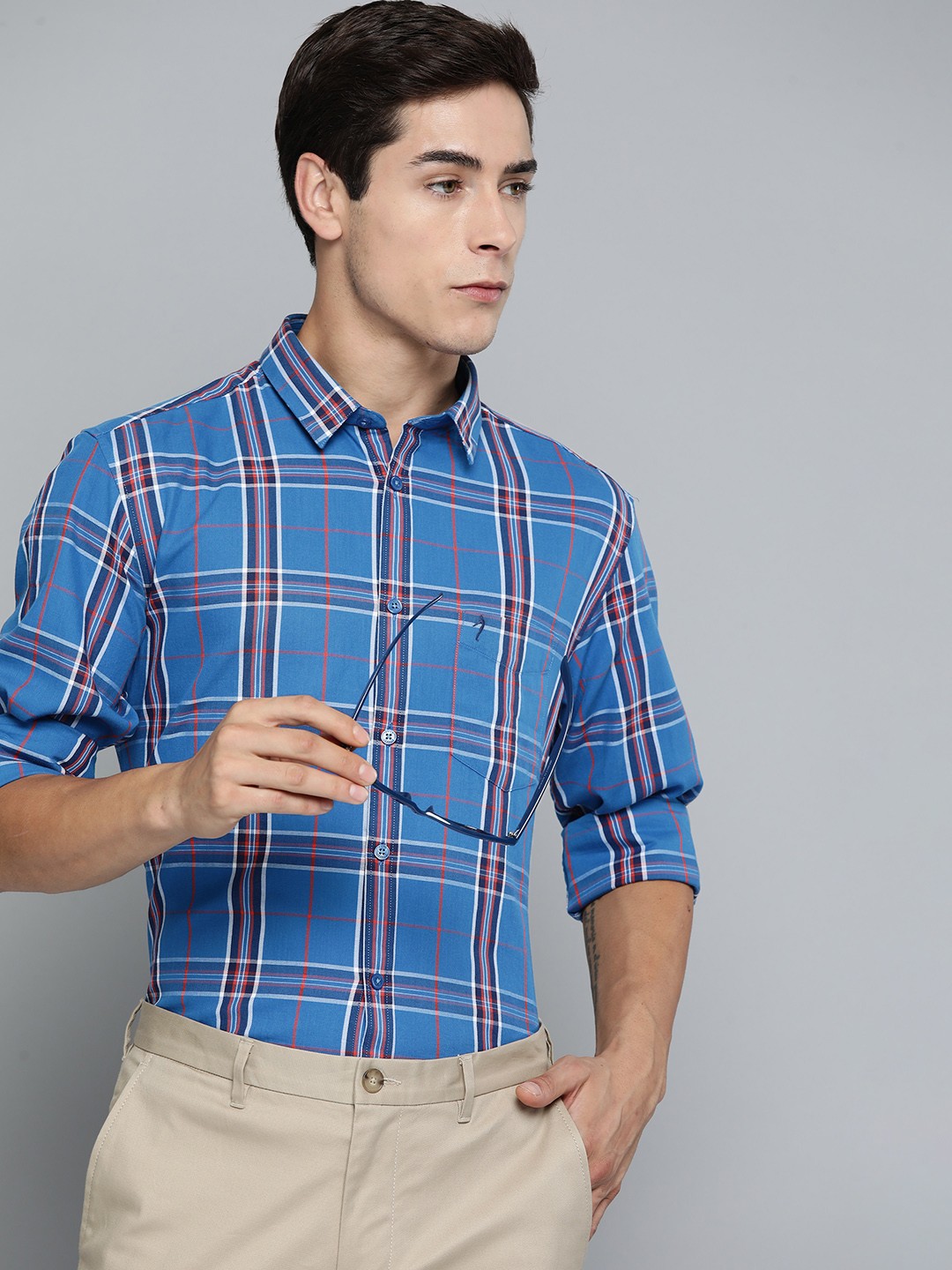 

Indian Terrain Slim Fit Tartan Checked Cotton Semiformal Shirt, Blue
