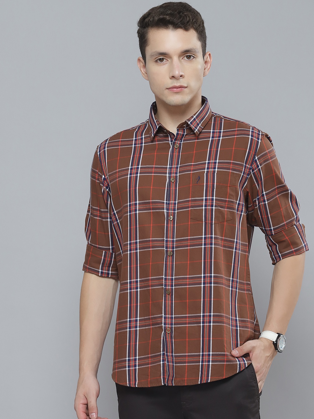 

Indian Terrain Men Brown Tartan Checks Pure Cotton Slim Fit Casual Shirt