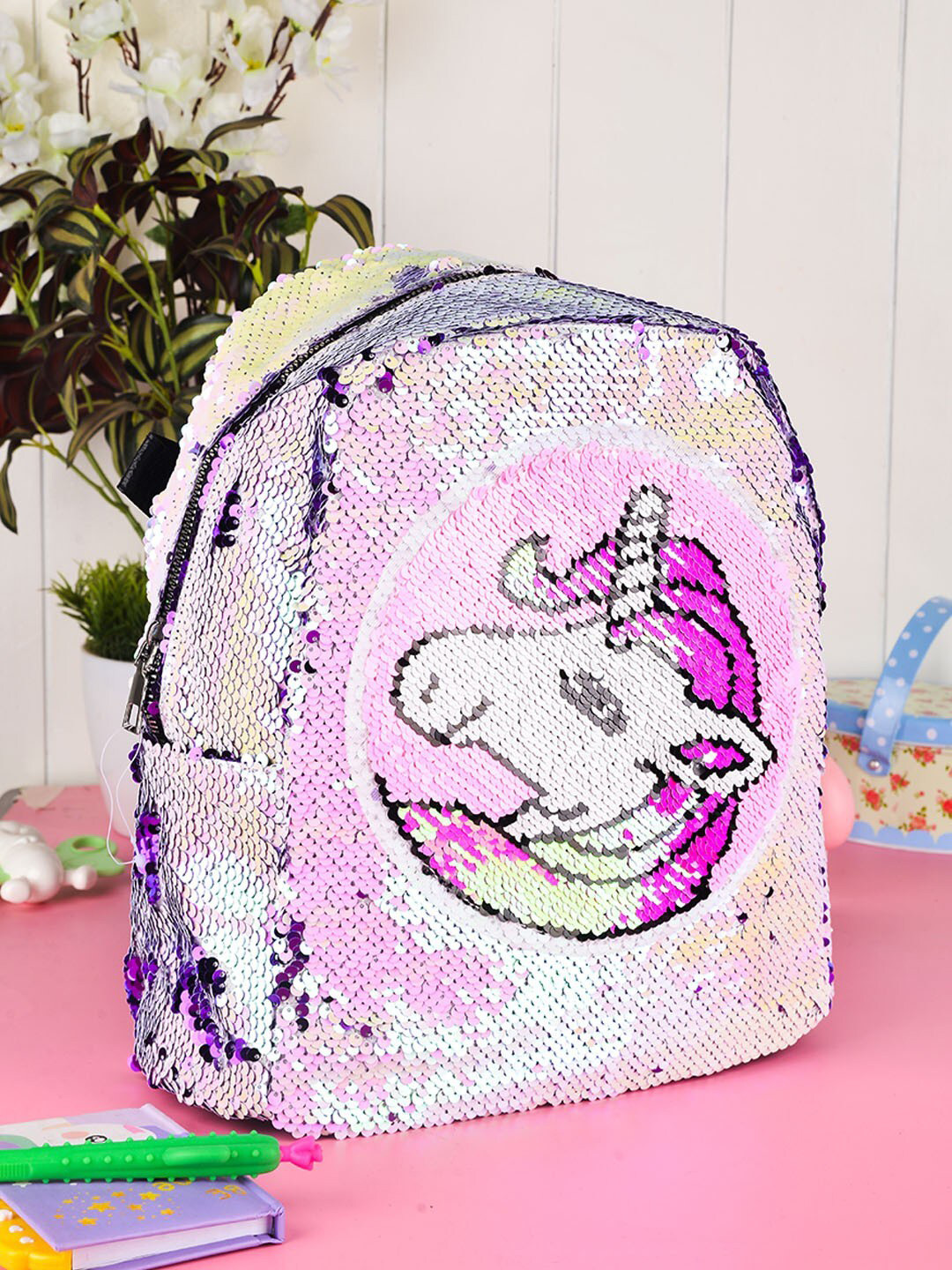 

POPLINS Unisex Kids White & Pink Embeliished Backpack