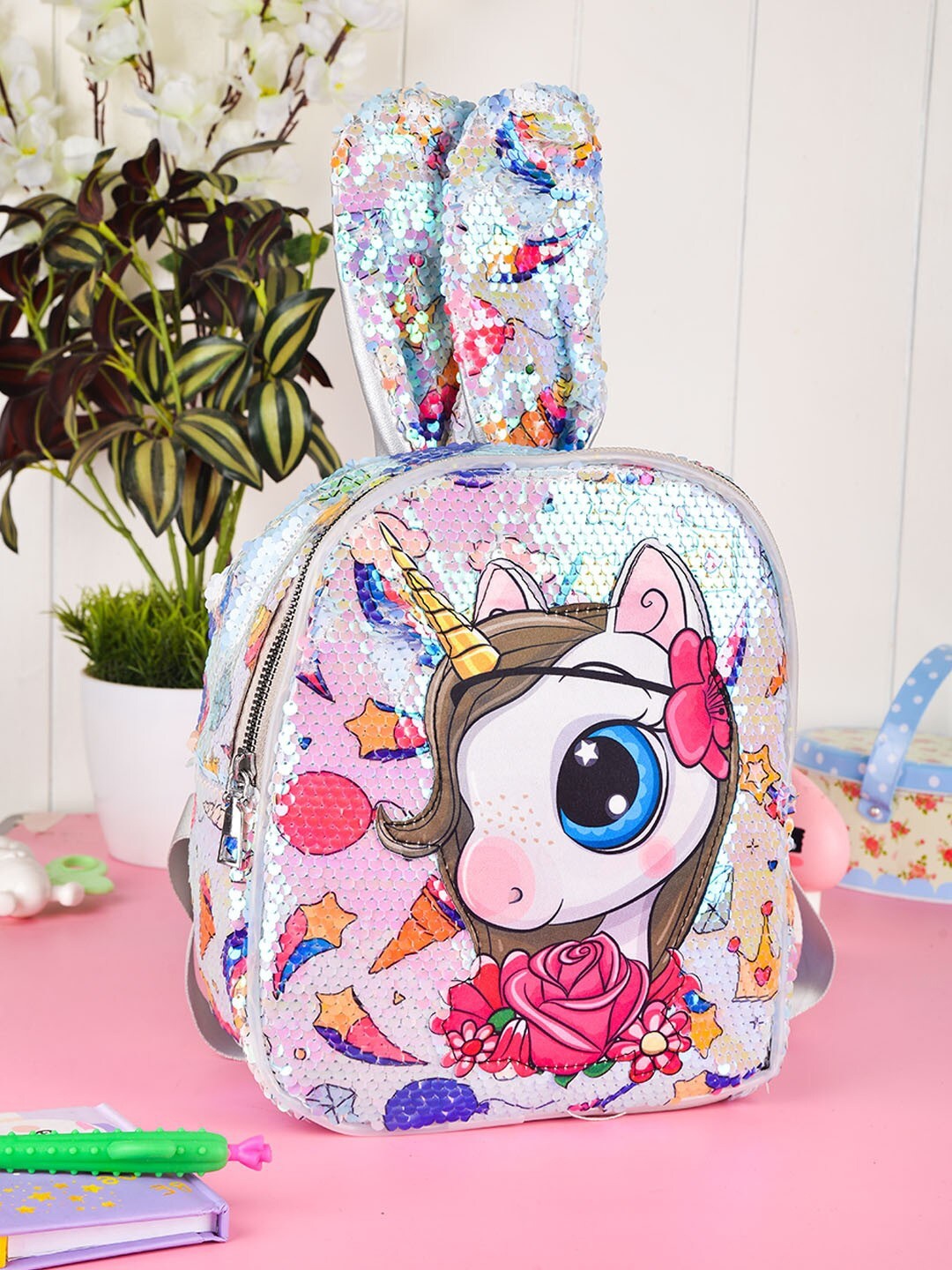 

POPLINS Unisex Kids Blue & White Embellished Sequins Backpack