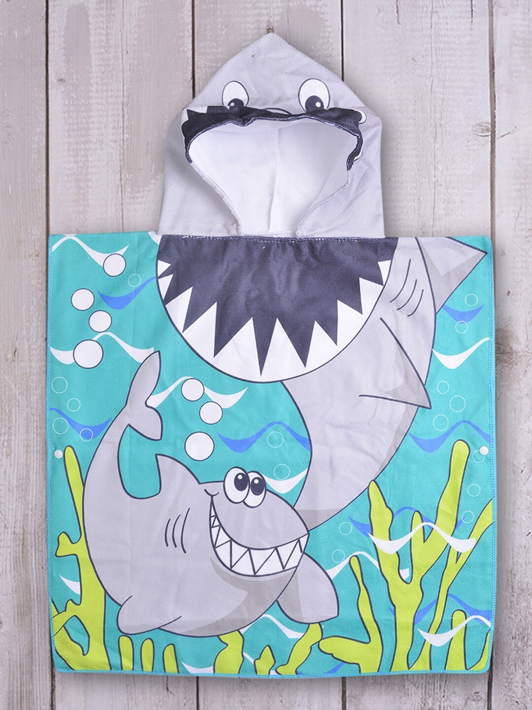 

POPLINS Kids Blue & Green Printed Cotton 300 GSM Hooded Bath Towel