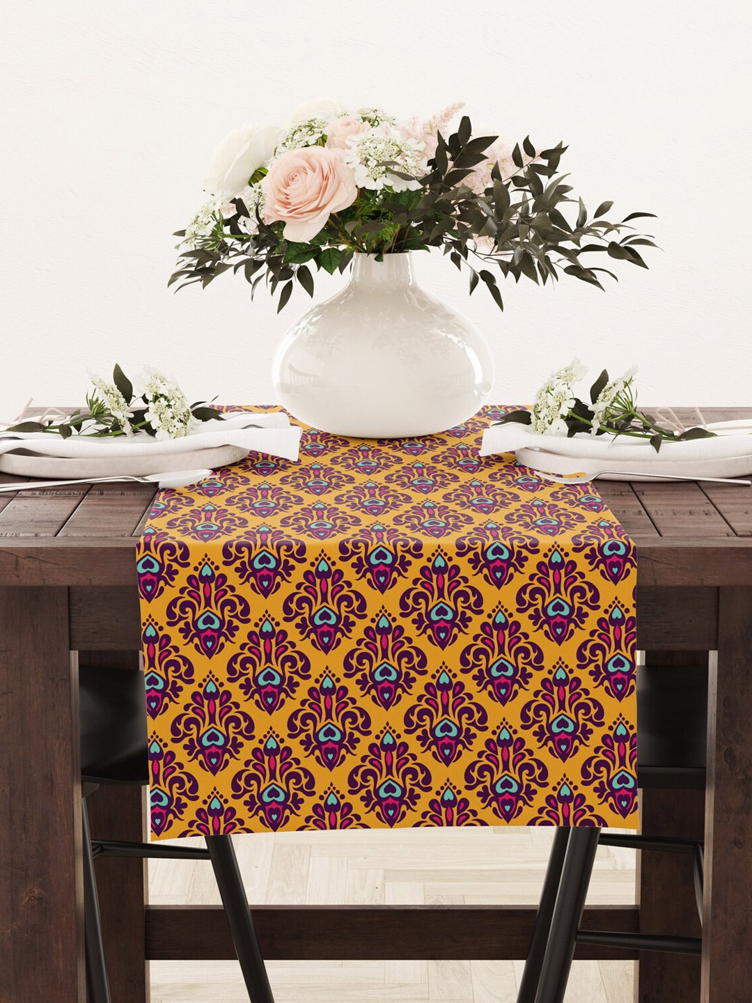 

STYBUZZ Mustard Yellow & Purple Printed Table Runner