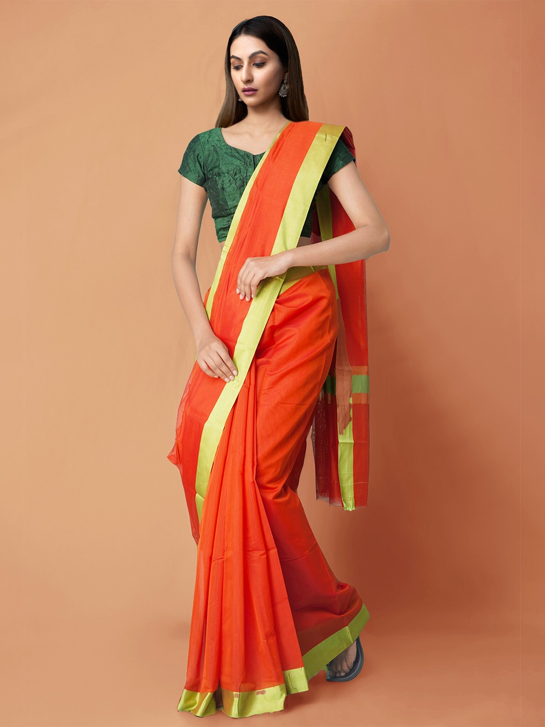 

Unnati Silks Red & Green Zari Silk Cotton Chettinad Saree