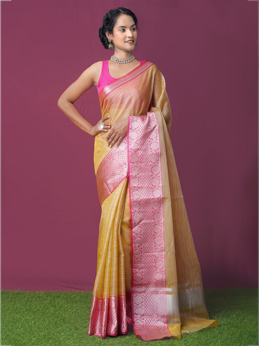 

Unnati Silks Yellow & Pink Ethnic Motifs Zari Tissue Kota Saree