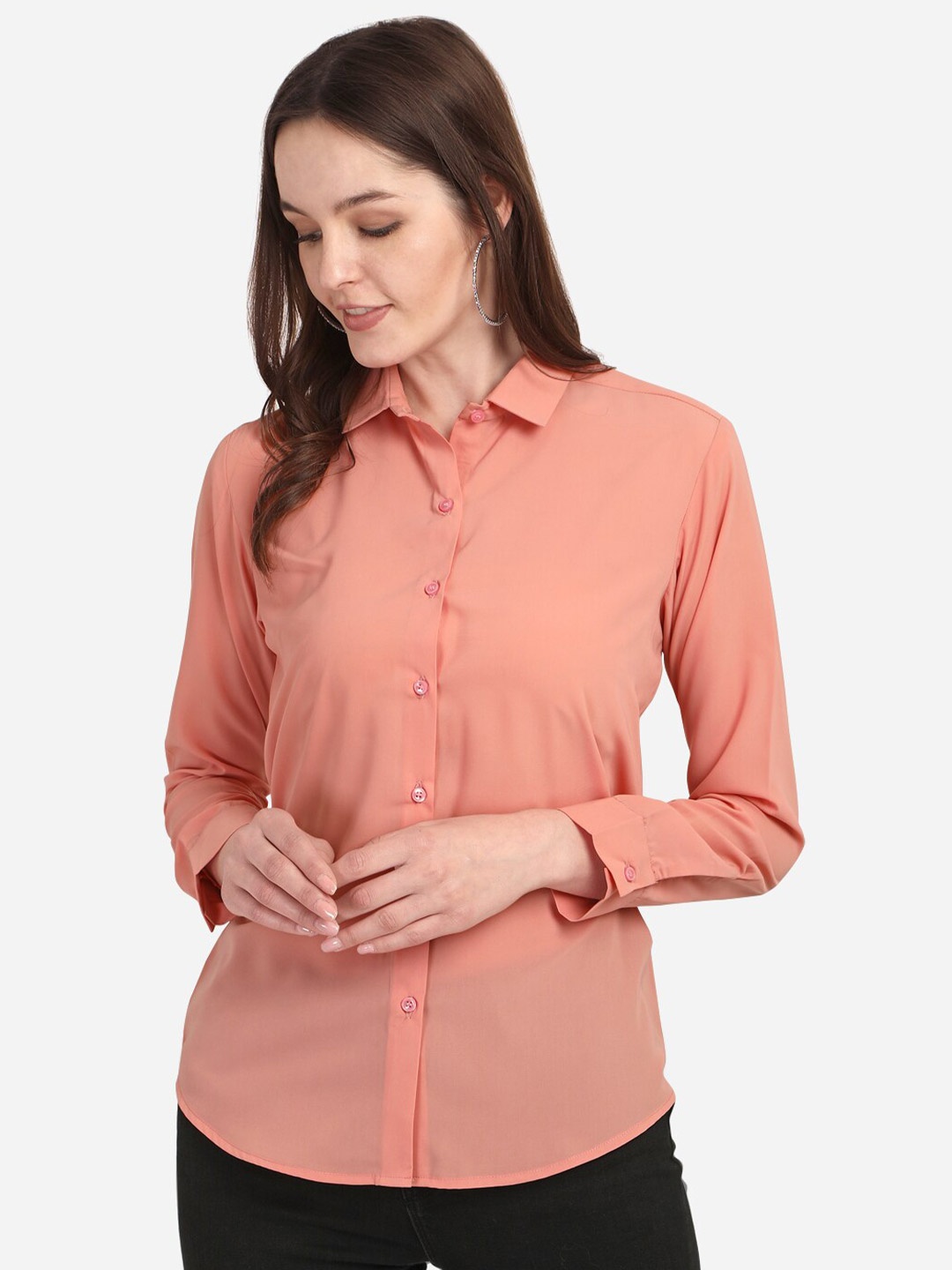 

Fbella Women Peach-Coloured Standard Slim Fit Casual Shirt