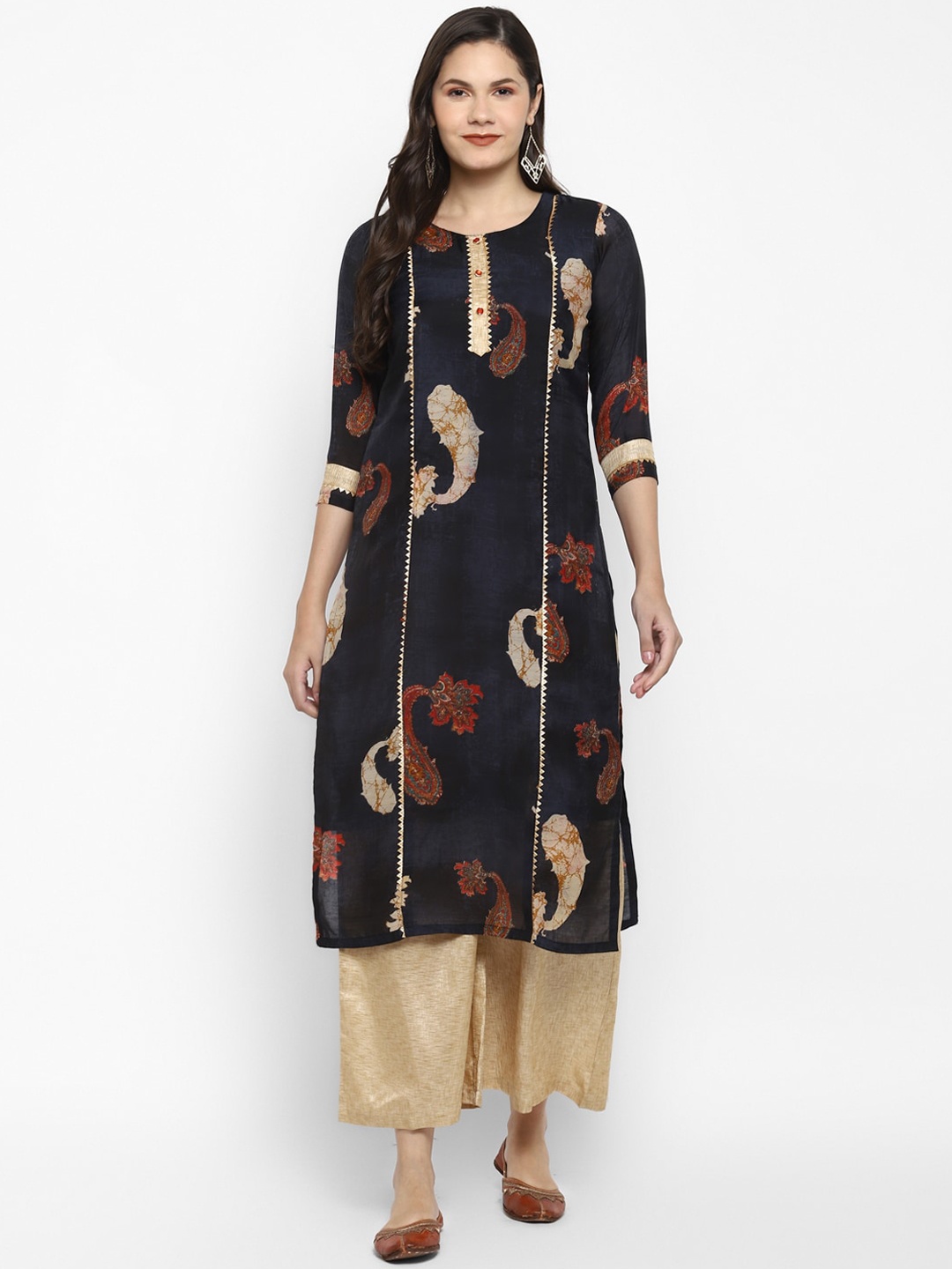 

VAABA Women Navy Blue & Red Paisley Printed Chanderi Kurta with Palazzos
