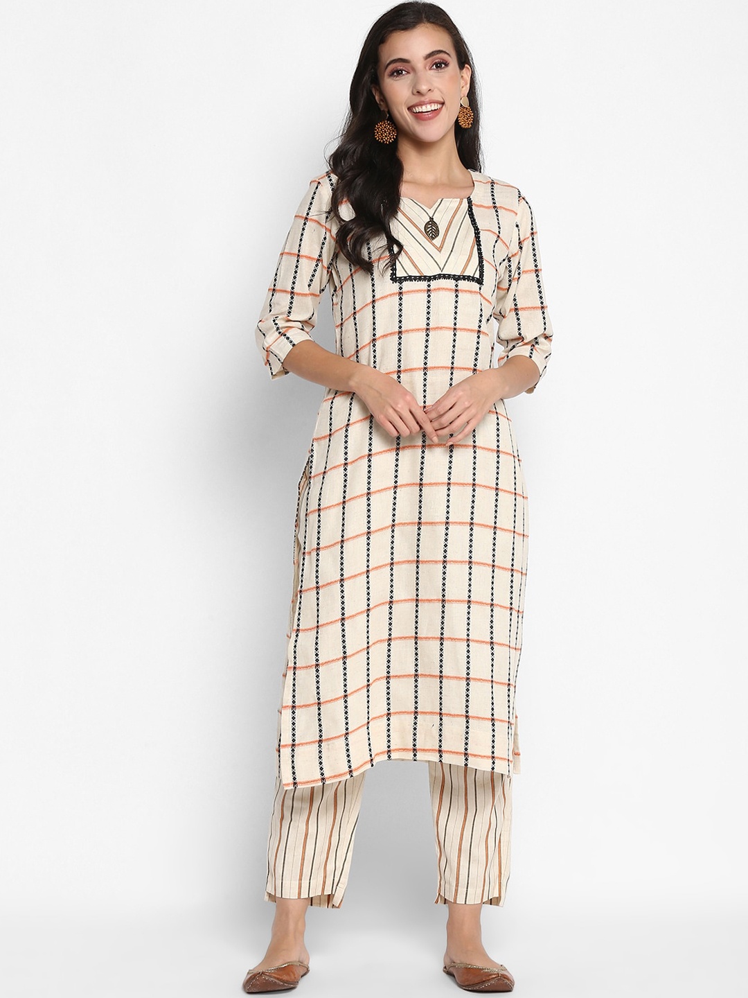 

VAABA Women Cream-Coloured Printed Kurta with Trousers