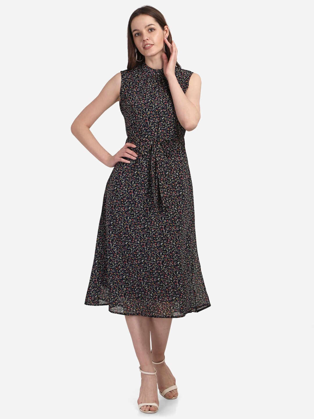 

Fbella Navy Blue & Green Printed Belted Georgette Midi Dress