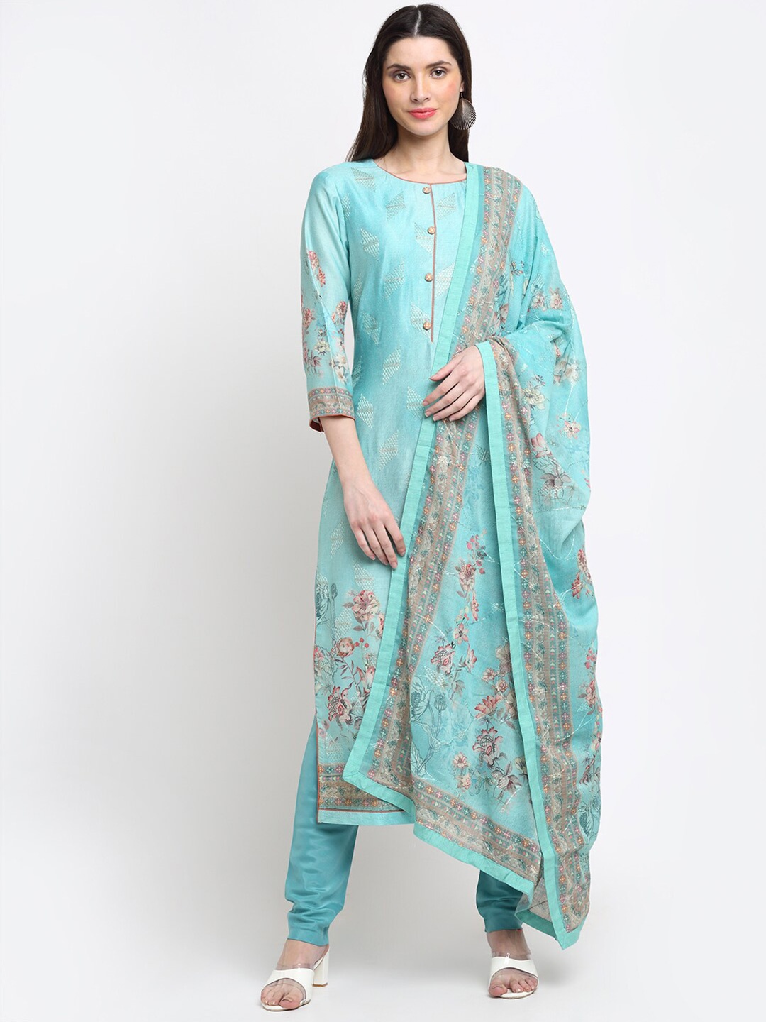 

Stylee LIFESTYLE Turquoise Blue & Grey Printed Unstitched Dress Material