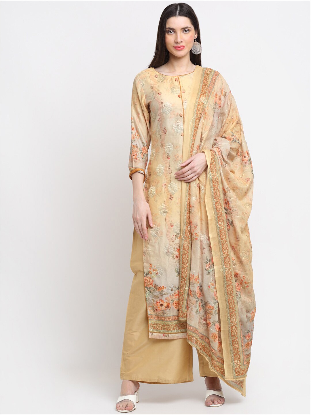 

Stylee LIFESTYLE Yellow & Orange Floral Digital Printed Unstitched Dress Material