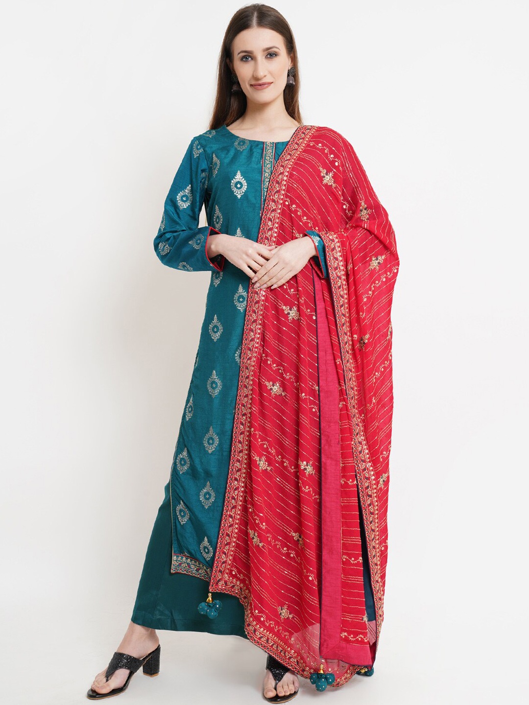 

Stylee LIFESTYLE Women Teal & Red Unstitched Dress Material