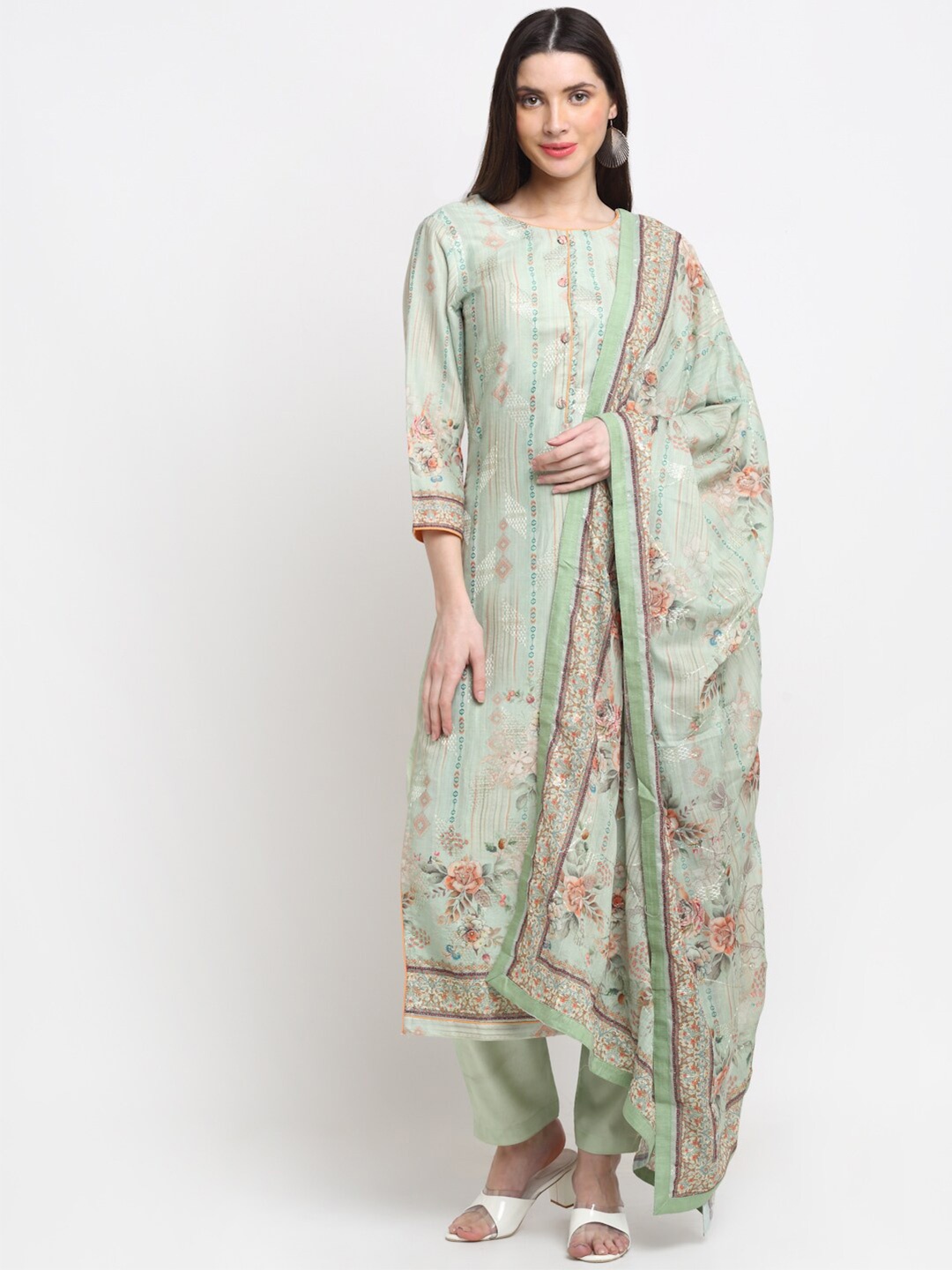 

Stylee LIFESTYLE Green & Orange Floral Digital Printed Unstitched Dress Material