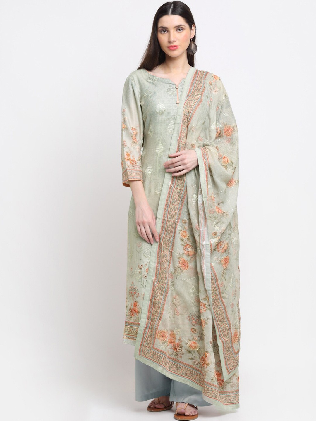 

Stylee LIFESTYLE Green & Grey Embellished Unstitched Dress Material