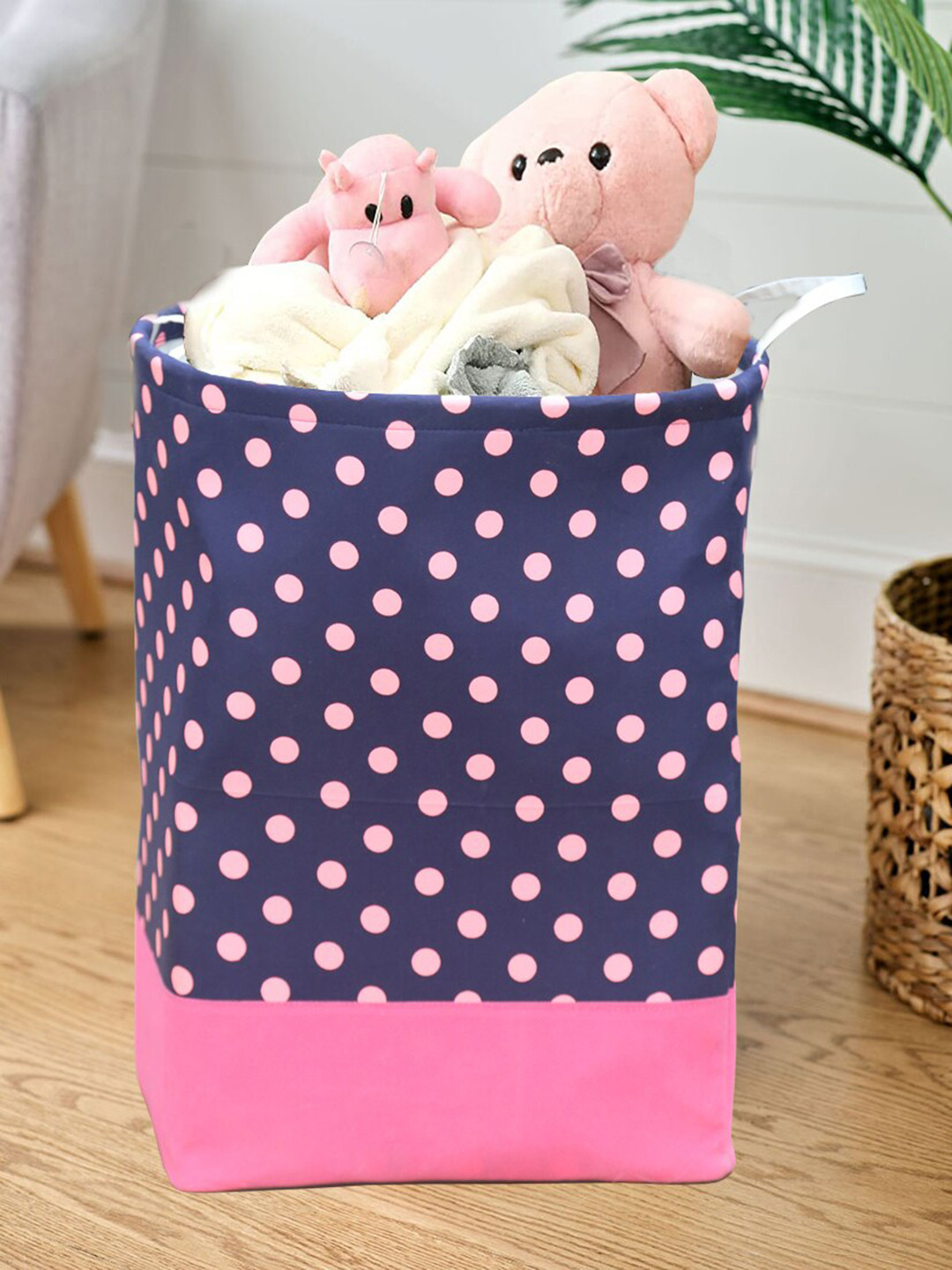 

My Gift Booth Blue Polka Dots Printed Waterproof Laundry Bag, Navy blue