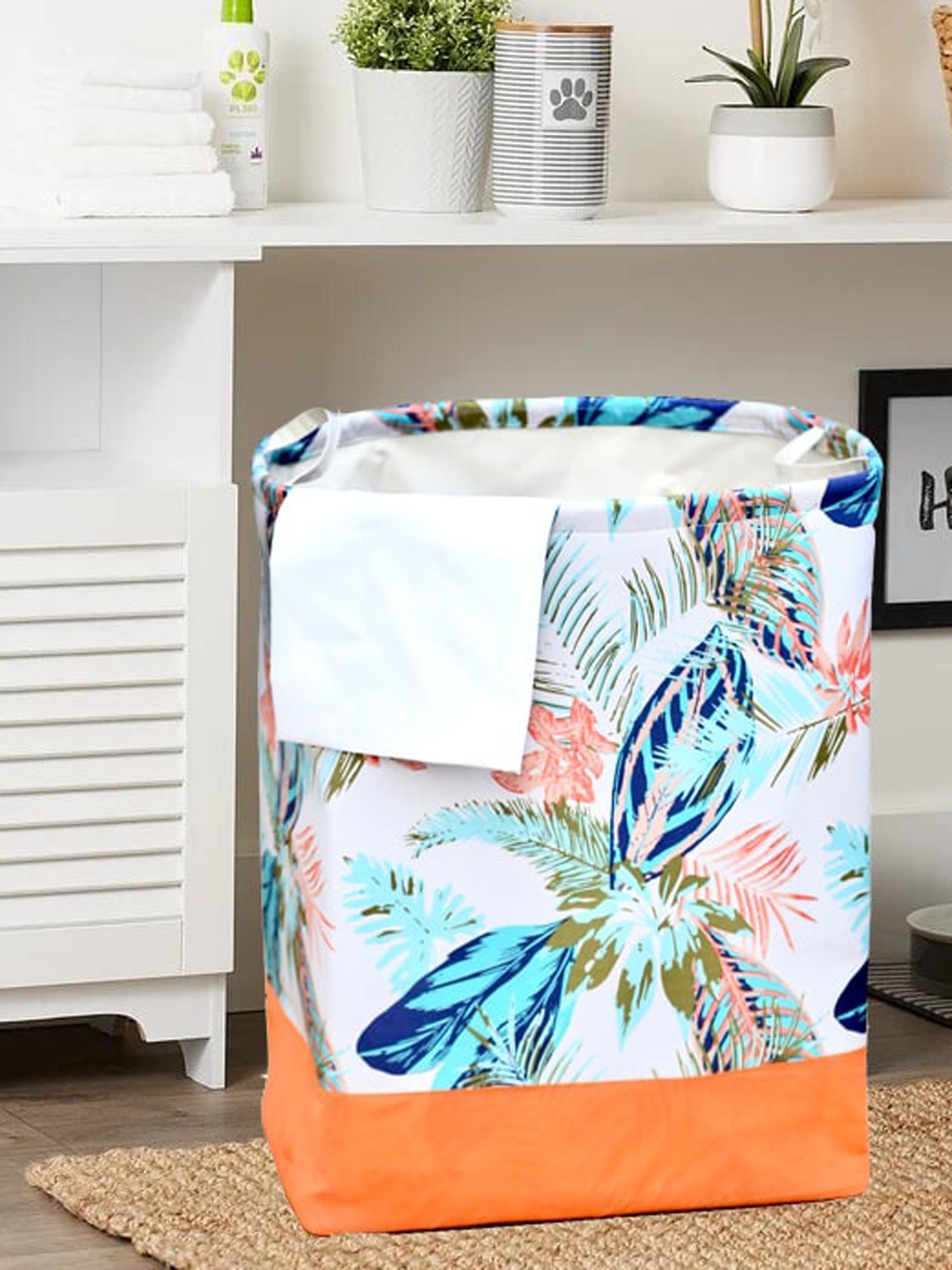 

My Gift Booth White & Orange Floral Waterproof Laundry Bag