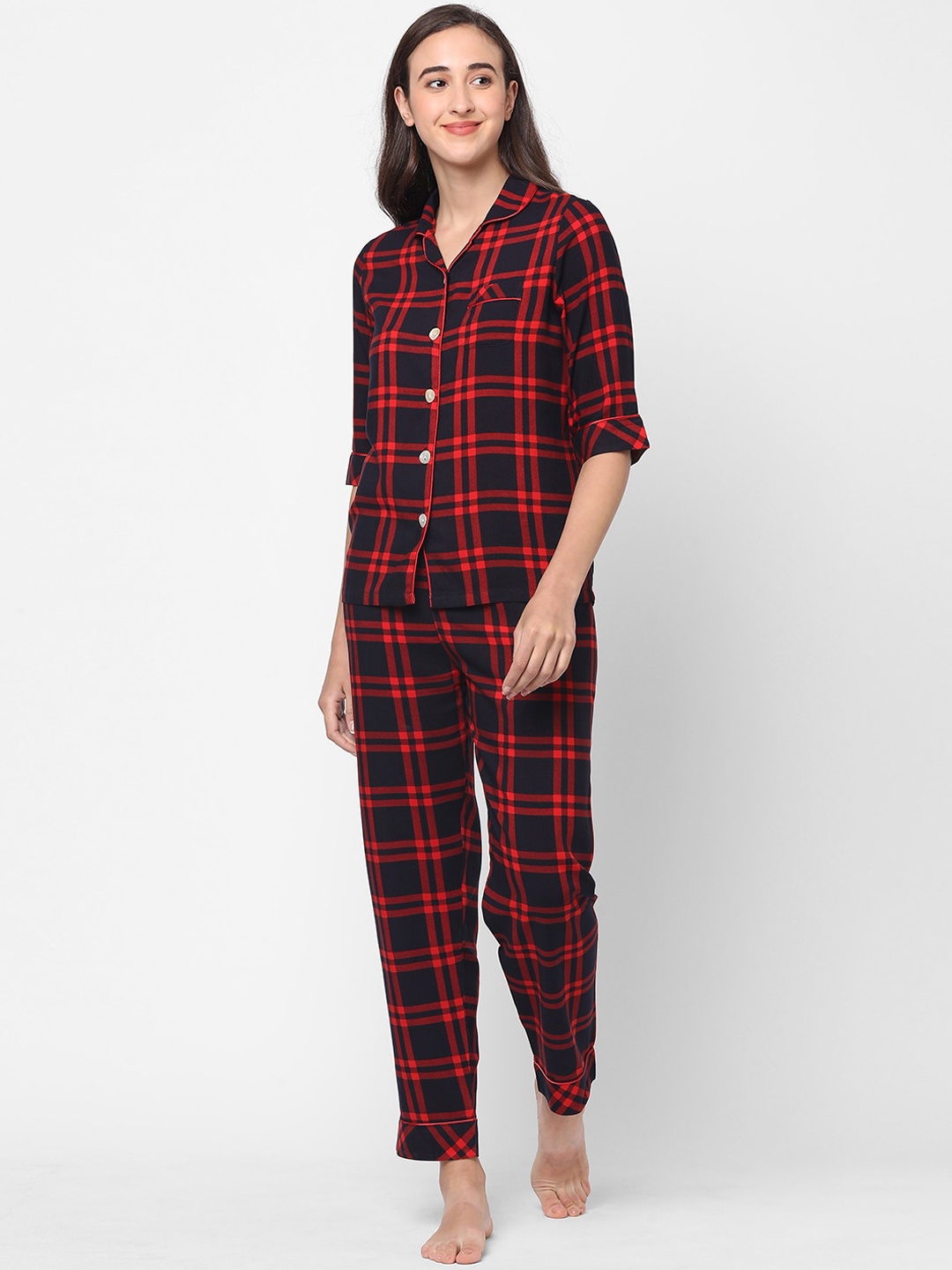 

Sweet Dreams Women Red & Navy Blue Checked Night Suit