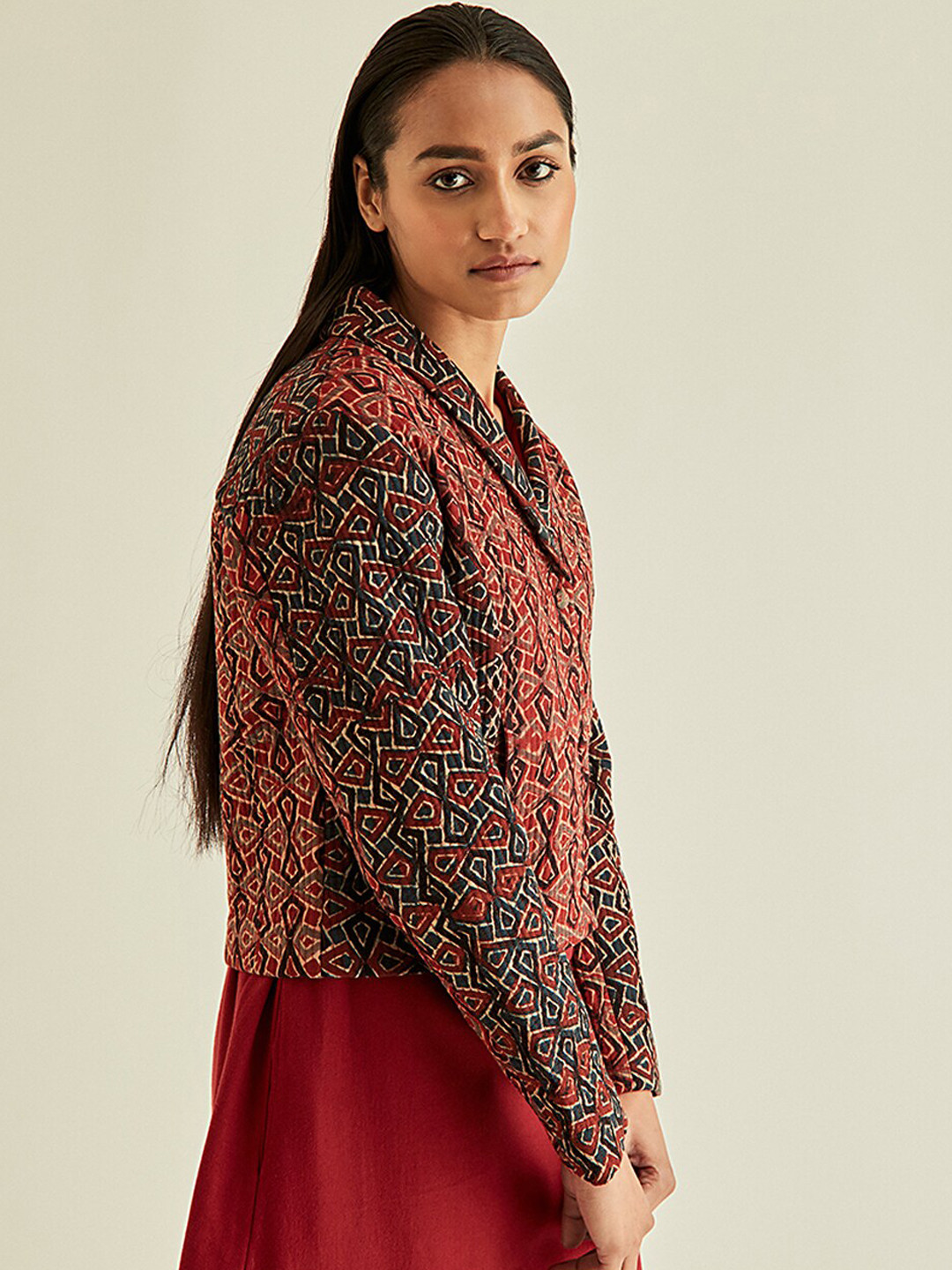 

Ancestry Women Red Crop Tailored Jacket with Patchwork