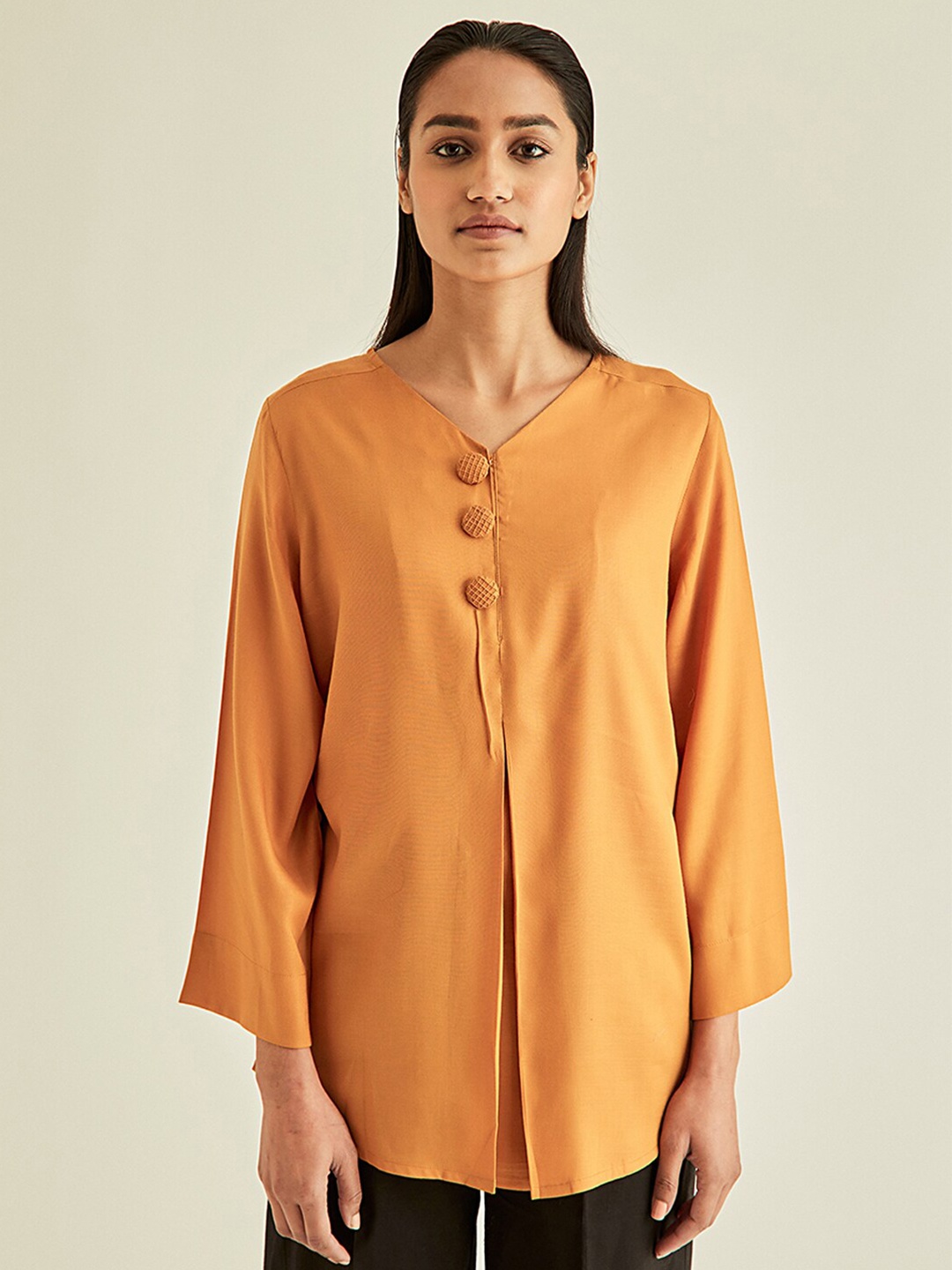 

Ancestry Mustard Yellow Mandarin Collar Top