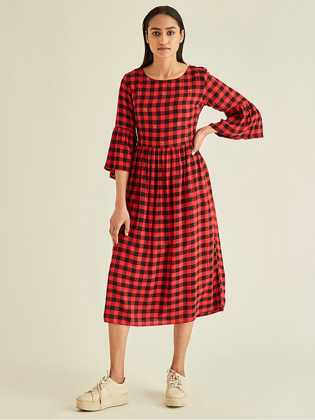 

Ancestry Red Checked A-Line Midi Dress