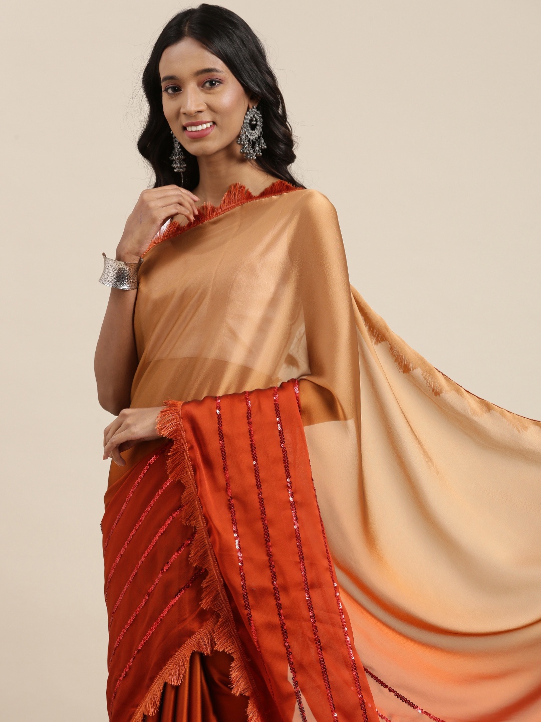 

PERFECTBLUE Beige & Rust Ombre Sequinned Half and Half Saree