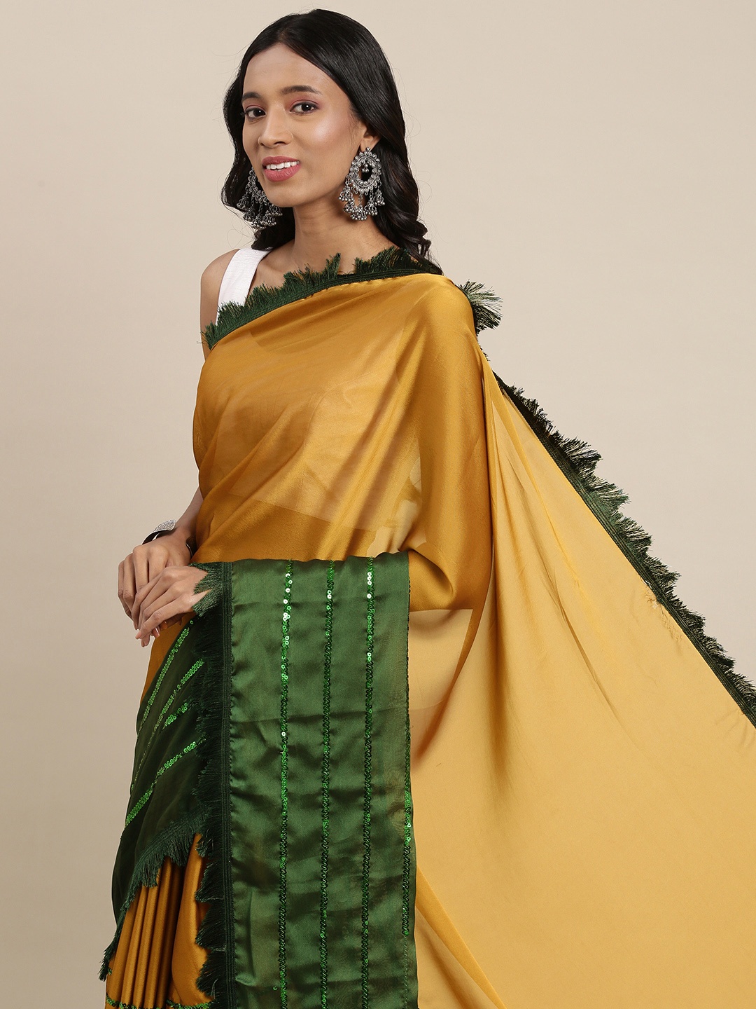 

PERFECTBLUE Green & Gold-Coloured Ombre Sequinned Half and Half Saree