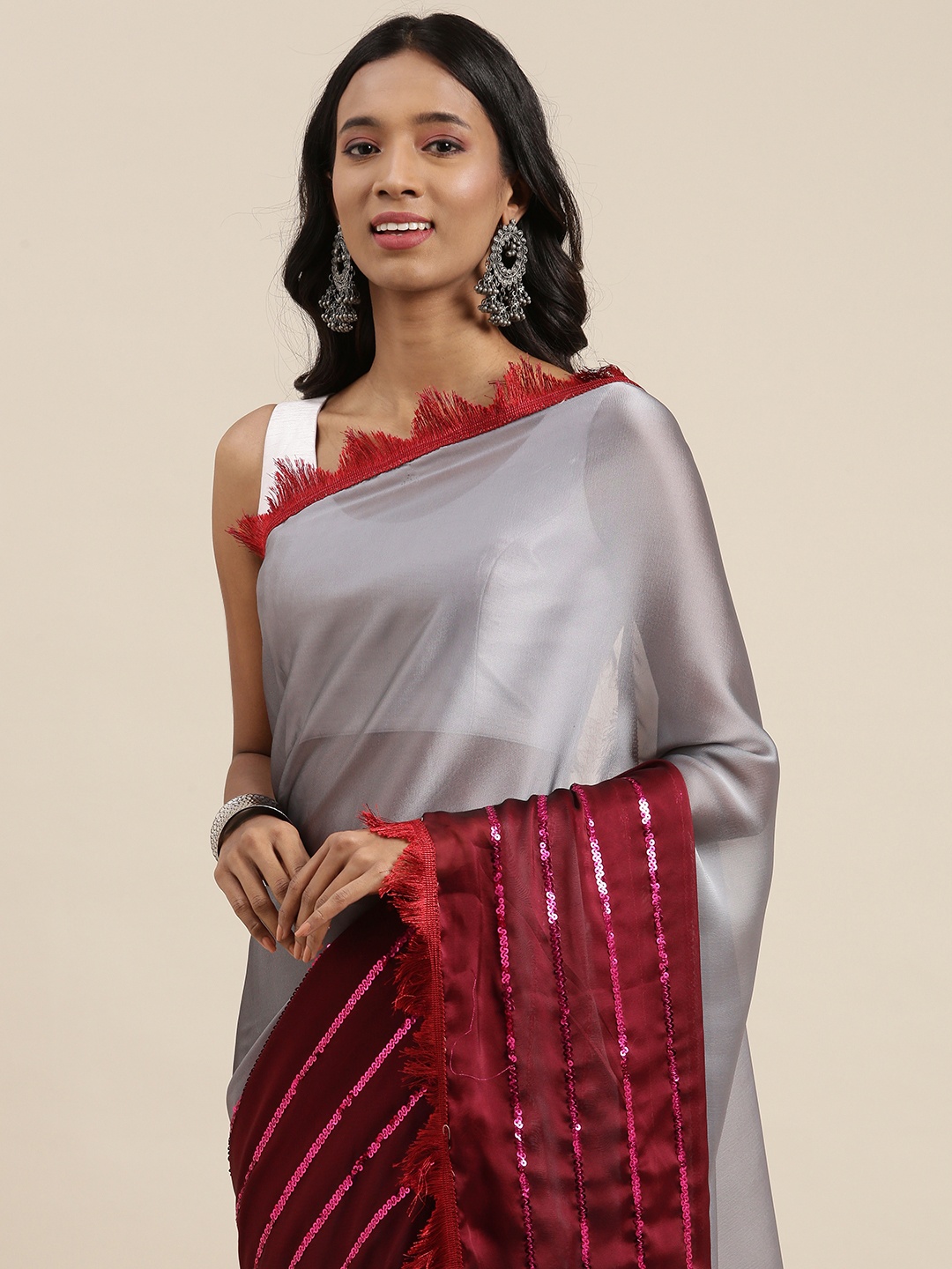 

PERFECTBLUE Grey & Maroon Ombre Sequinned Half and Half Saree